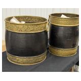Pair Black & Gold Metal Trash Cans Ring Handles