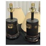 Vintage Pair Black Painted Woven Lamps