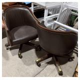 VINTAGE PAIR BROWN LEATHER BARREL SWIVEL CHAIRS