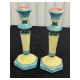 Vintage Hand Painted Pair Candle Sticks Italy