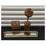 Rose topiary tree, rustic mini bench mirrored tray
