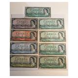 Canada Currency 1954 Series Lot of 9 Banknotes