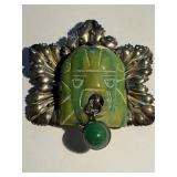 Mexican Sterling & Jade Carved Aztec Brooch
