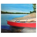 Vintage Acrylic on Canvas 'Red Canoe'