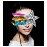 8' Sequin Mask with Stick- Silver & Rainbow Colors