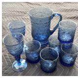 Blue Glass Pitcher w/ Water Goblets & Glasses - 9