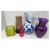 Vintage Blue & White Pitcher & Other Glassware