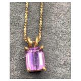 Emerald cut Amethyst on SS gold tone chain. 18'