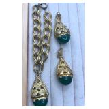 Goldtone Green Cabochon Drop Jewelry Set