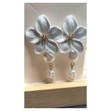White Flower Pearl Drop Earrings
