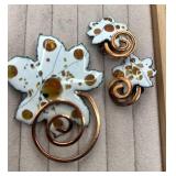 Copper/ enamel leaf shape clip on earrings & pin