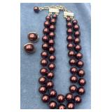 Brown bead choker necklace & clip on earring set