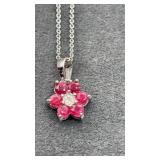 Sterling Silver  Red Floral Necklace 18'  2.7g