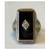 14K White Gold, Antique Art Deco, Onyx and