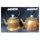 Porcelain Handle Copper Teapots Pair