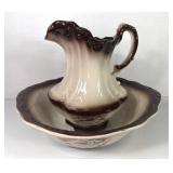 Antique Victorian Brown Wash Pitcher & Bowl
