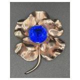 Stamped Sterling Flower Brooch w/ Blue Glass Stone