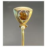 Gold 14K Stick Pin w/ Citrine Gem Stone & Pearl