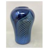 Signed Art 7ï¿½ Glass Blue Pulled Feather Vase