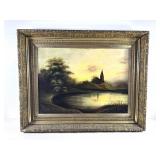Antique Landscape Oil On Canvas In Gilt Frame
