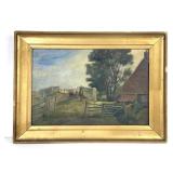 Antique Pastoral Oil On Board Painting Framed