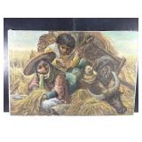 Signed Harvest Scene Figural Oil Painting