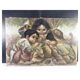 Signed Children Playing Figural Oil Painting