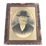 Antique Gentleman In Hat Portrait In Wood Frame