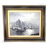S. Mannet Mountain Harbor Ships Oil Painting