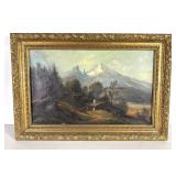 Antique Oil On Canvas European Mountain Scene