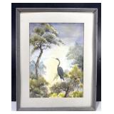 Heron Landscape Framed Watercolor by O. Fuston