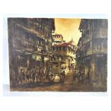 Signed Street Scene Oil Painting