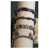 Purple / blue beads and train charms bracelet