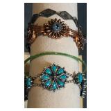 Copper tone, turquoise flower and more bracelets