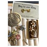 Vintage floral wooden pin, Livonia key to the