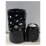 Set of 2 Black Ceramic Candle Holders / Lantern