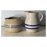 Vintage Stoneware Pitcher Lot  2 Beige & Blue