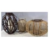 Set of 3 Woven & Wood Lantern Candle Holders.