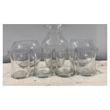 Set of 7 Assorted Clear Glass Vases & Candle