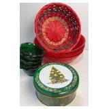Four red plastic bowls, five green dipping bowls,