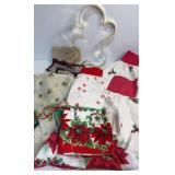 Three Vintage Aprons, large cookie cutter, coin