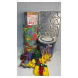 Lot of boxes, tins, vintage felt ornaments