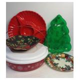 Various trays and carry container. Round plate