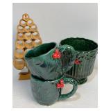 Green leaf cups and dish and wood tree