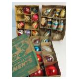 Vintage ornaments including Shiny Bright box