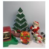 Avon ornament, wooden tree, Napco Santa, snowman