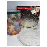Vintage popcorn tin and Santa glass platter