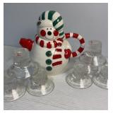 Snowman teapot and glass candle holders