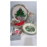 Various Christmas items: two plates, box, angel,