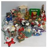 Various Christmas ornaments, a necklace and pin